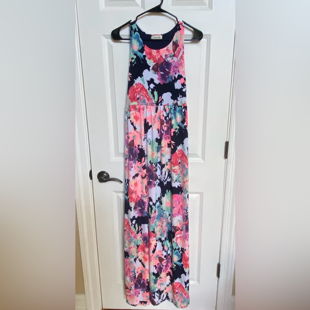 PinkBlush Navy Abstract Floral Sleeveless Maternity Maxi Dress - Size L NWOT